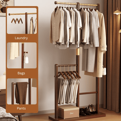 Multifunctional Solid Wood Floor Standing Coat Rack Organizer