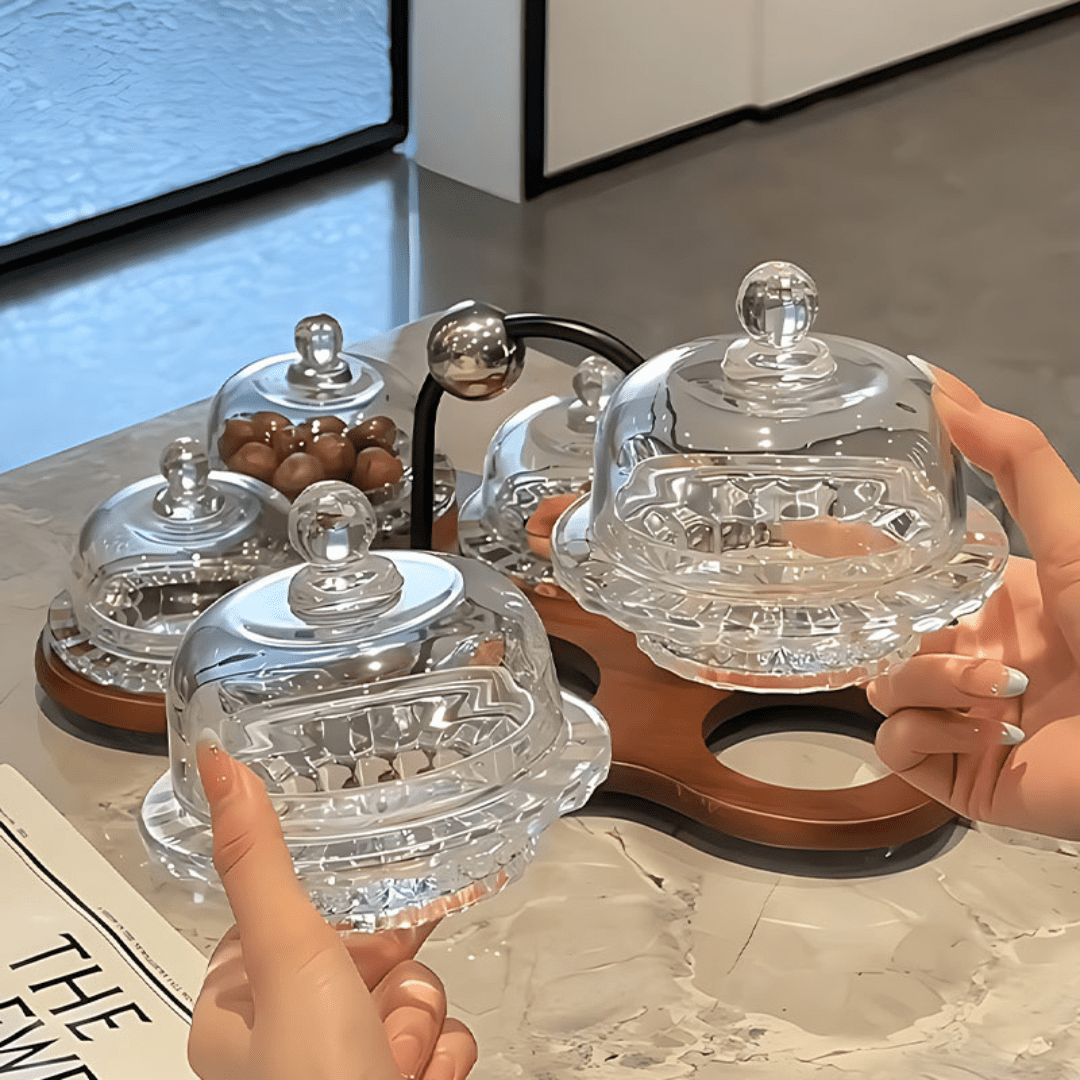 Elegant Multi-Dome Glass Snack Tray with Wooden Base Set