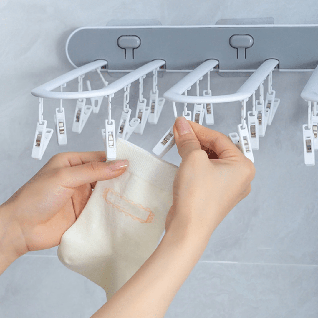 Multi-Purpose Wall Mounted Foldable Drying Hanger with 24 Clips