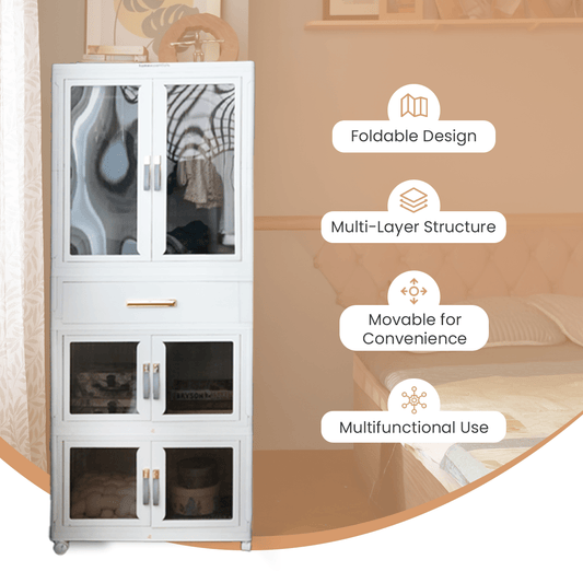 Foldable Storage Wardrobe with 2 Cabinets & 1 Drawer