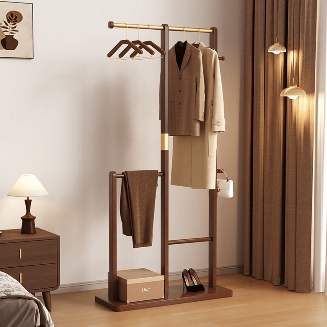 Multifunctional Solid Wood Floor Standing Coat Rack Organizer