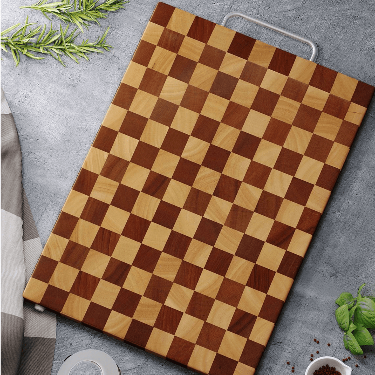 Double-Sided Rubber Wood Cutting Board with Chess Grid Design (40 cm)