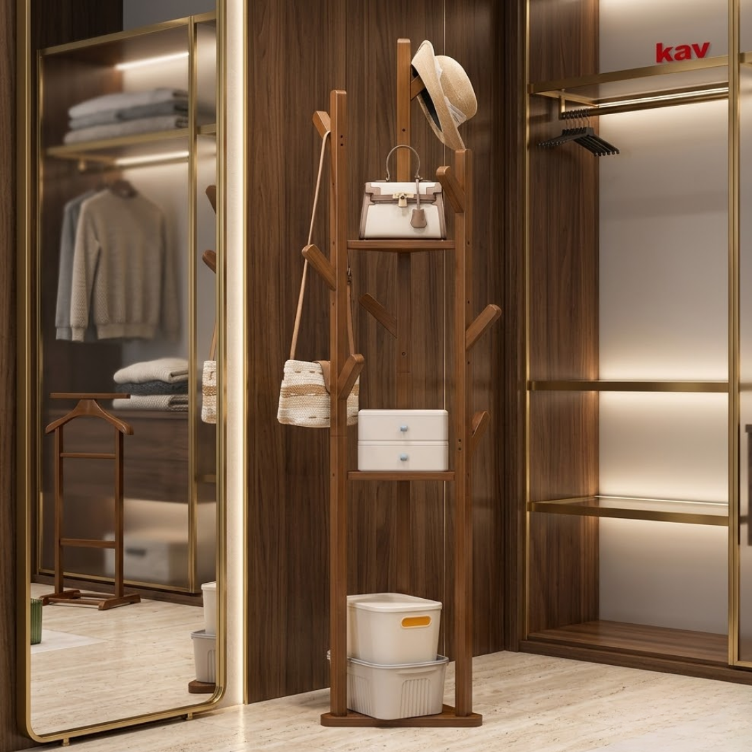 Multi-Functional Bamboo Floor Standing Clothes Rack With Shelves