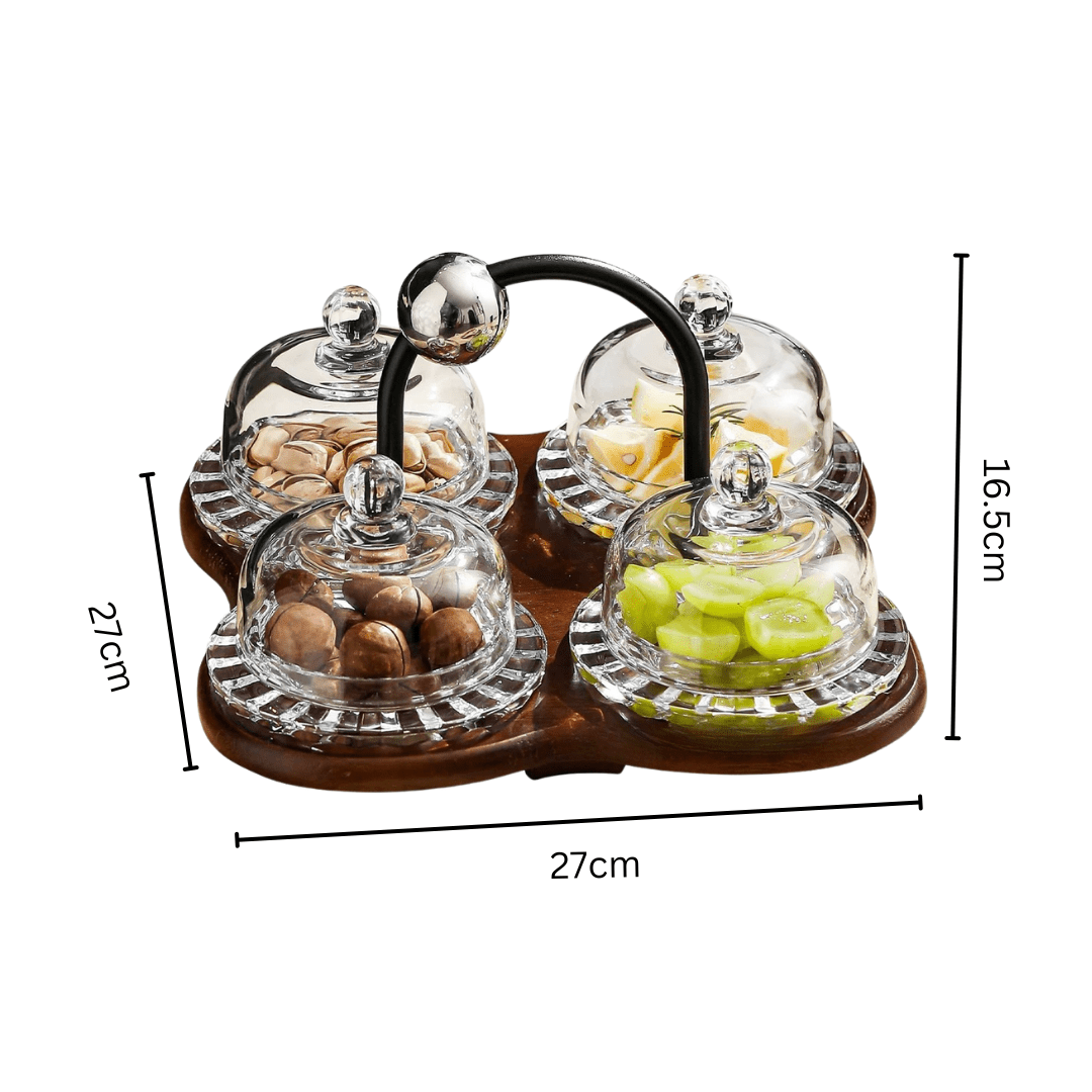 Elegant Multi-Dome Glass Snack Tray with Wooden Base Set