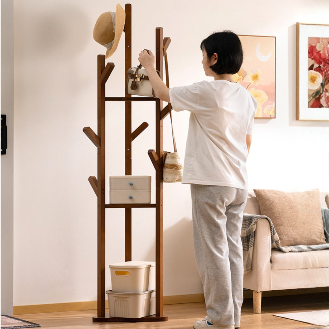 Multi-Functional Bamboo Floor Standing Clothes Rack With Shelves