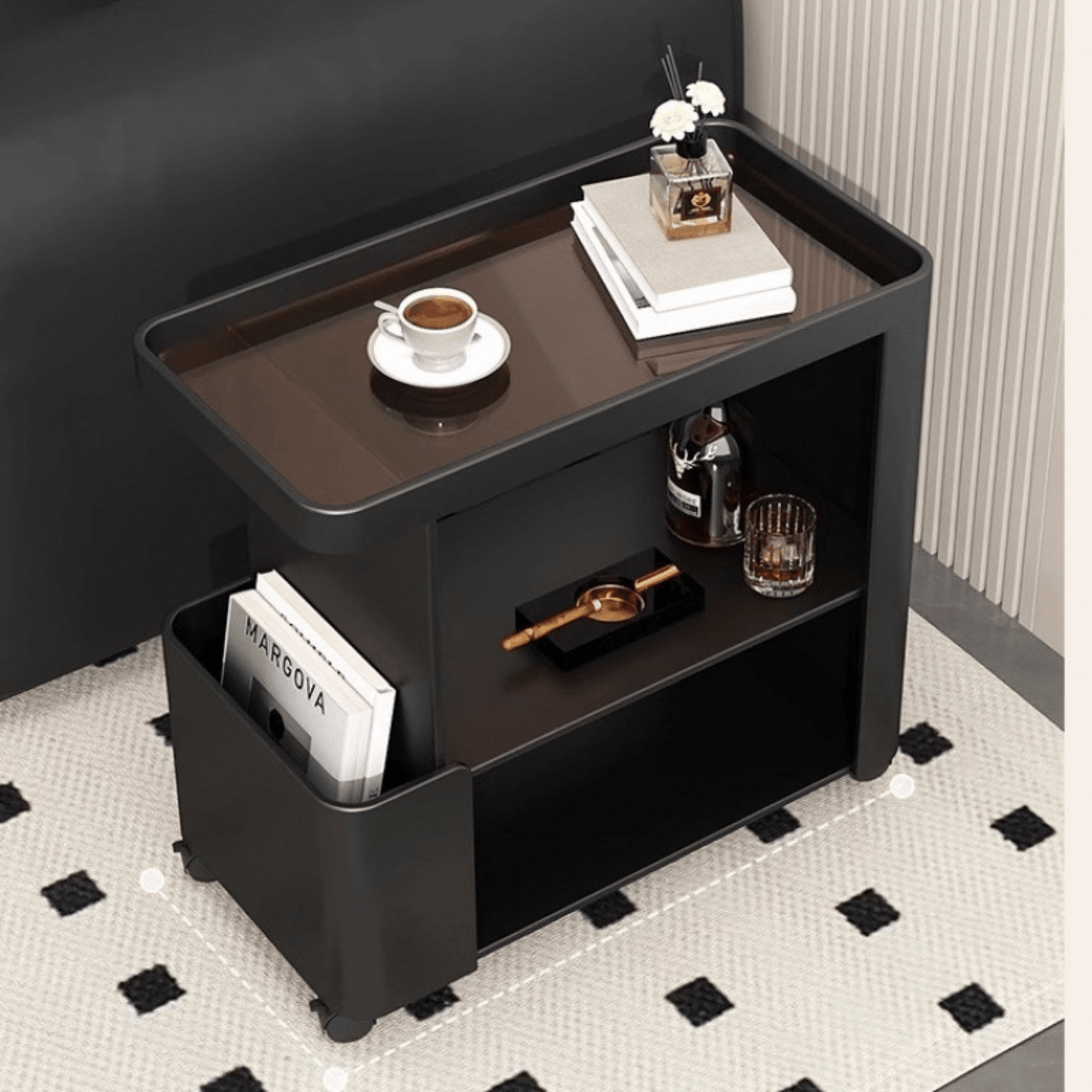 Multi-Functional 3-Tier Compact Bedside Table with Storage Shelves & Wheels
