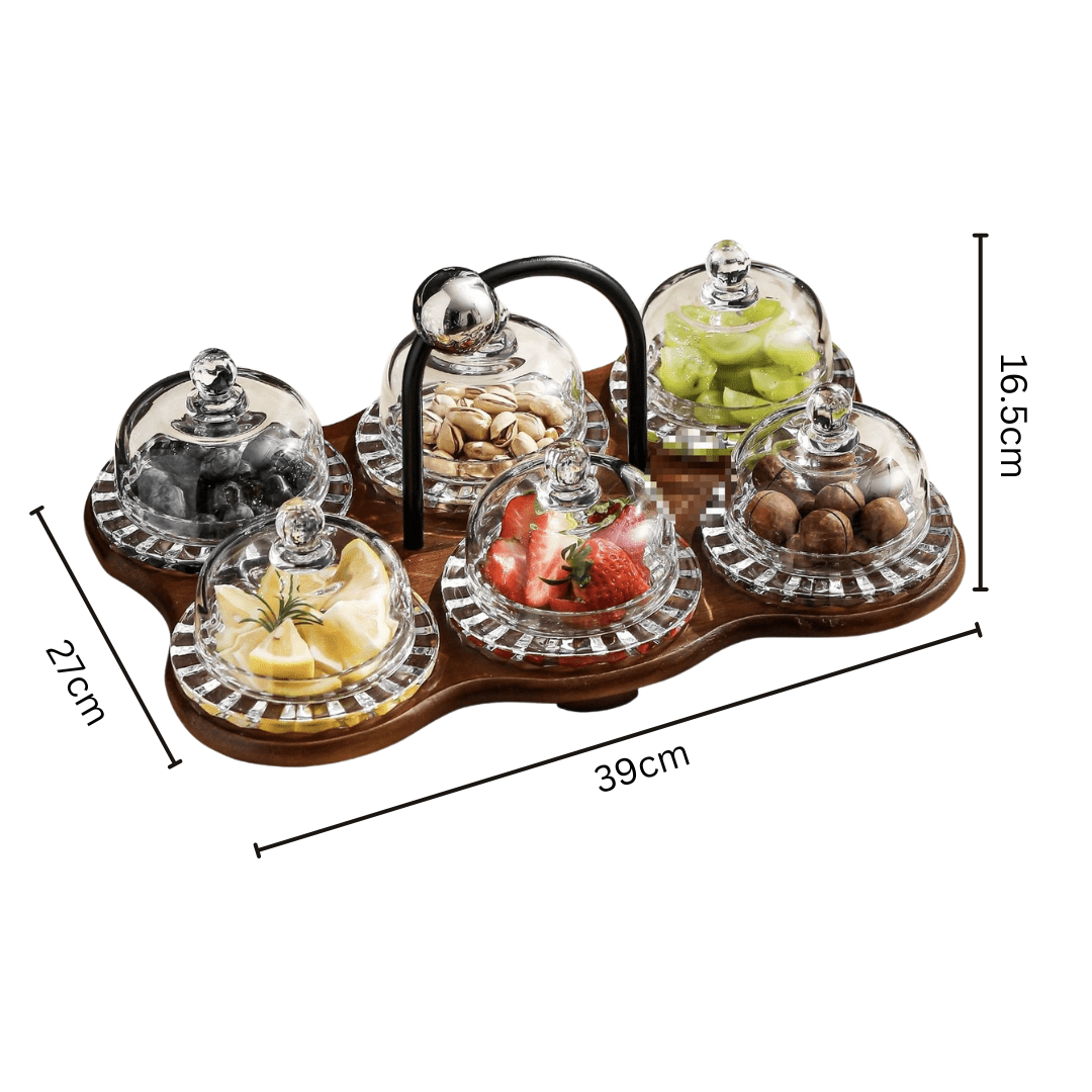 Elegant Multi-Dome Glass Snack Tray with Wooden Base Set