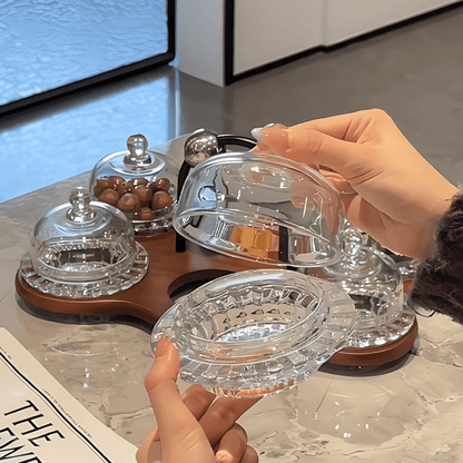 Elegant Multi-Dome Glass Snack Tray with Wooden Base Set