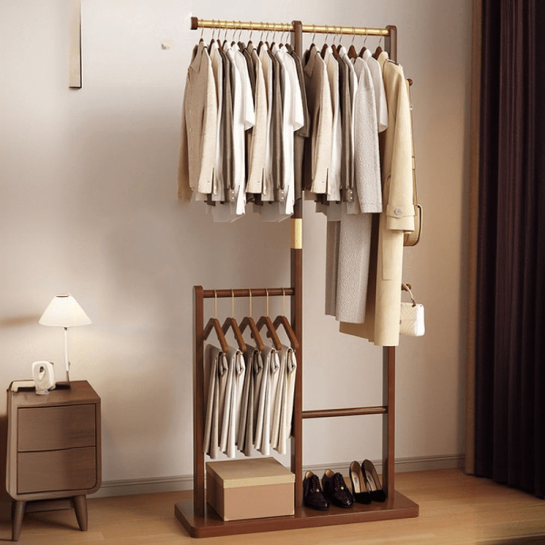 Multifunctional Solid Wood Floor Standing Coat Rack Organizer