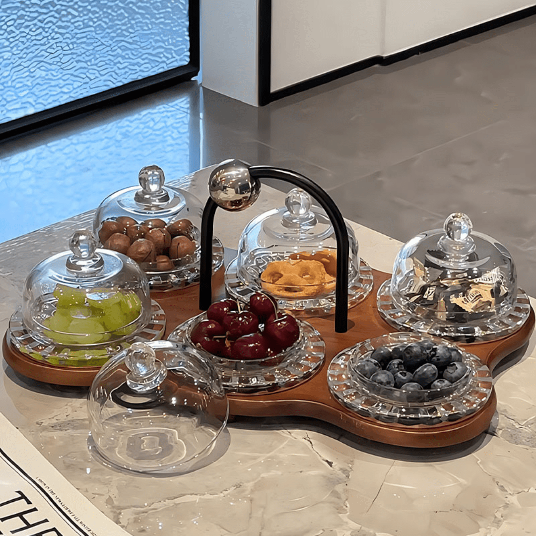 Elegant Multi-Dome Glass Snack Tray with Wooden Base Set