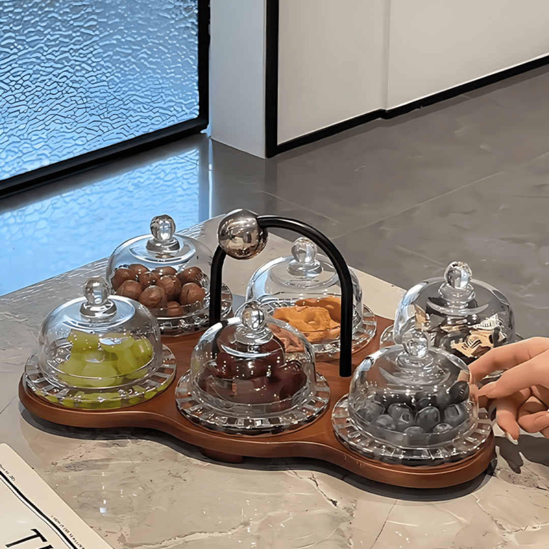 Elegant Multi-Dome Glass Snack Tray with Wooden Base Set