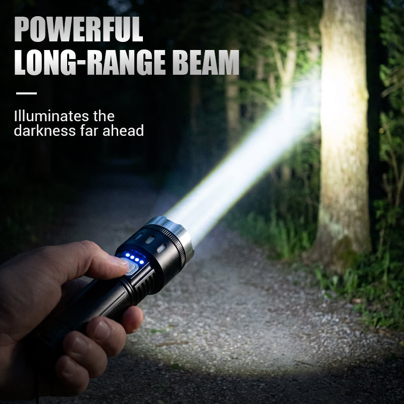 💎 Multifunctional Zoom LED Flashlight with Power Display – 500m Range, USB-C & 4 Lighting Modes