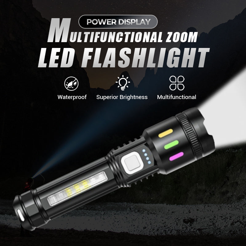 💎 Multifunctional Zoom LED Flashlight with Power Display – 500m Range, USB-C & 4 Lighting Modes