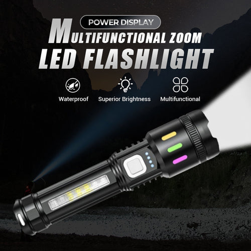 💎 Multifunctional Zoom LED Flashlight with Power Display – 500m Range, USB-C & 4 Lighting Modes