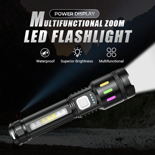 💎 Multifunctional Zoom LED Flashlight with Power Display – 500m Range, USB-C & 4 Lighting Modes