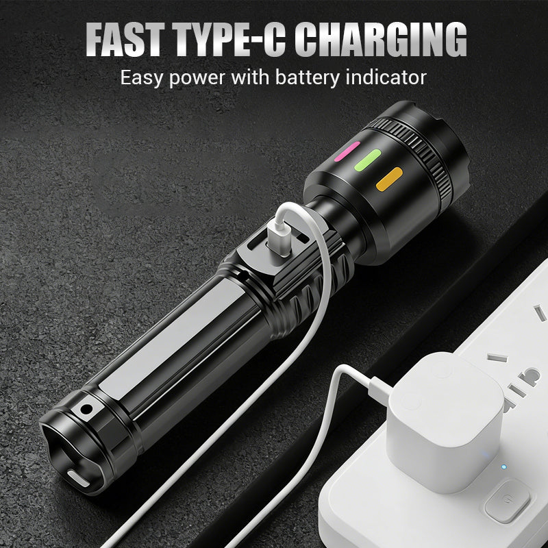 💎 Multifunctional Zoom LED Flashlight with Power Display – 500m Range, USB-C & 4 Lighting Modes