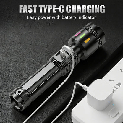 💎 Multifunctional Zoom LED Flashlight with Power Display – 500m Range, USB-C & 4 Lighting Modes