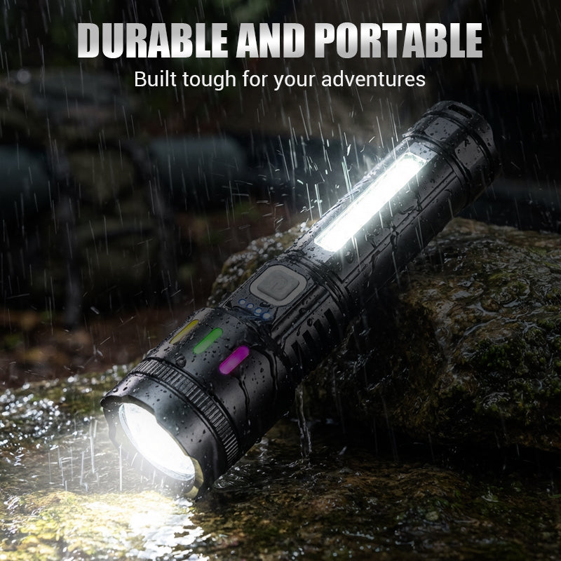💎 Multifunctional Zoom LED Flashlight with Power Display – 500m Range, USB-C & 4 Lighting Modes