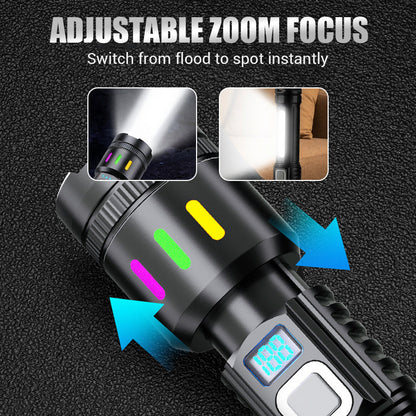 💎 Multifunctional Zoom LED Flashlight with Power Display – 500m Range, USB-C & 4 Lighting Modes