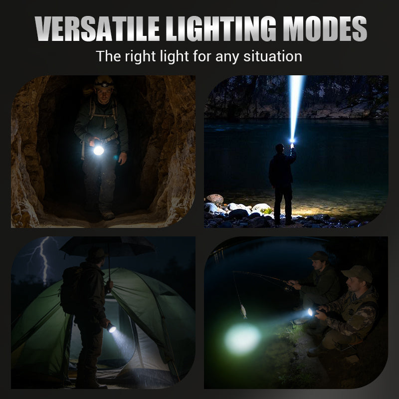 💎 Multifunctional Zoom LED Flashlight with Power Display – 500m Range, USB-C & 4 Lighting Modes