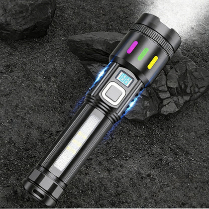 💎 Multifunctional Zoom LED Flashlight with Power Display – 500m Range, USB-C & 4 Lighting Modes